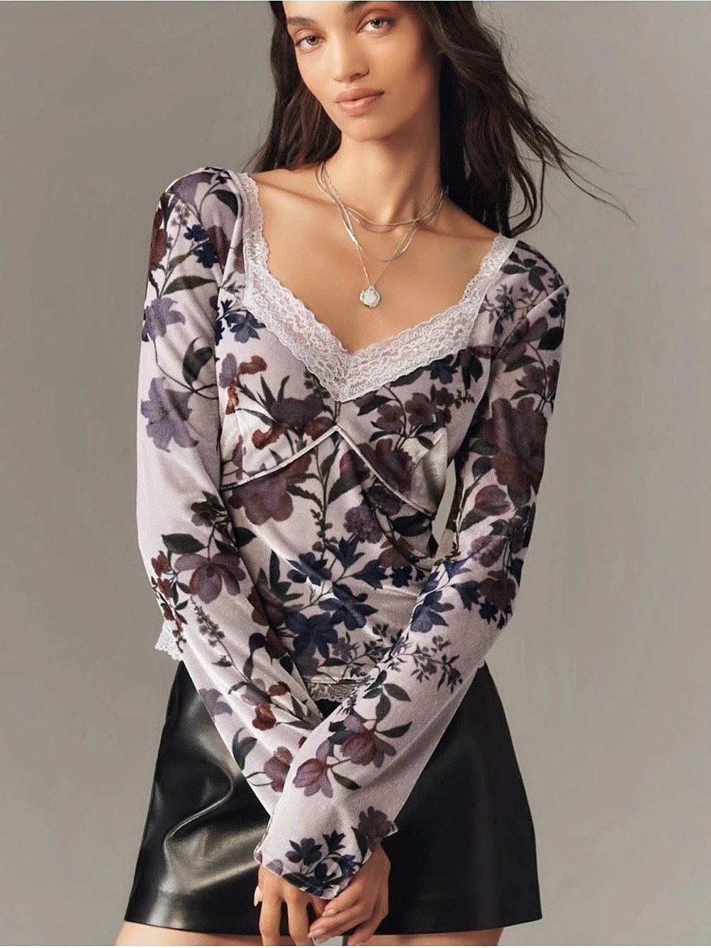 Anthropologie Lavender Velvet Floral Lace V-Neck Long Sleeve Top